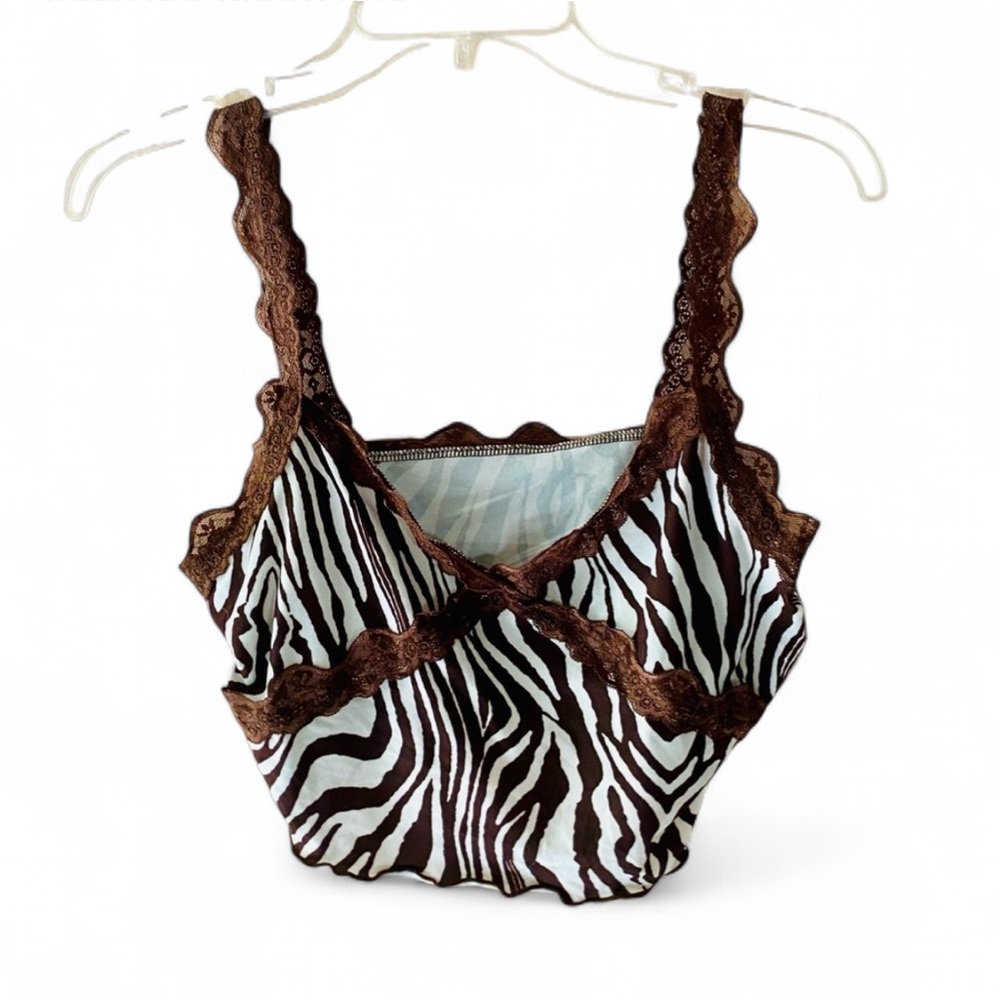 SHEIN BROWN WHITE ZEBRA PRINT LACE TRIM Y2K CAMI CROP TOP SIZE SMALL